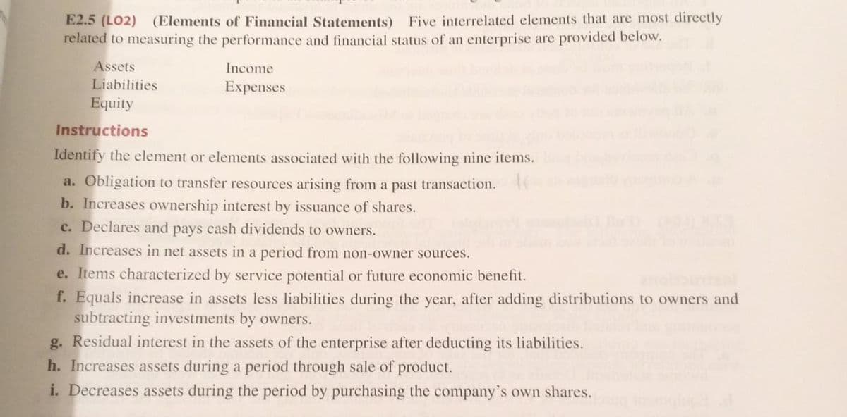 E2.5 (LO2) (Elements of Financial Statements)
related to measuring the performance and financial status of an enterprise are provided below.
Five interrelated elements that are most directly
Assets
Liabilities
Equity
Income
Expenses
Instructions
Identify the element or elements associated with the following nine items.
a. Obligation to transfer resources arising from a past transaction.
b. Increases ownership interest by issuance of shares.
c. Declares and pays cash dividends to owners.
d. Increases in net assets in a period from non-owner sources.
e. Items characterized by service potential or future economic benefit.
f. Equals increase in assets less liabilities during the year, after adding distributions to owners and
subtracting investments by owners.
g. Residual interest in the assets of the enterprise after deducting its liabilities.
h. Increases assets during a period through sale of product.
i. Decreases assets during the period by purchasing the company's own shares.
