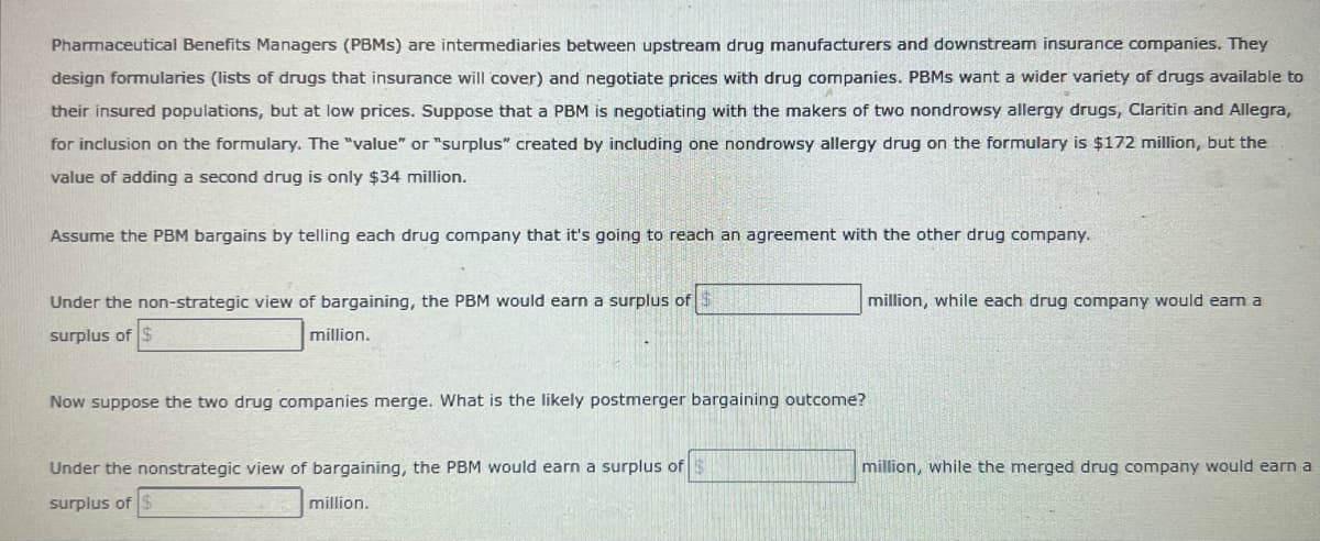 Pharmaceutical Benefits Managers (PBMS) are intermediaries between upstream drug manufacturers and downstream insurance companies. They
design formularies (lists of drugs that insurance will cover) and negotiate prices with drug companies. PBMS want a wider variety of drugs available to
their insured populations, but at low prices. Suppose that a PBM is negotiating with the makers of two nondrowsy allergy drugs, Claritin and Allegra,
for inclusion on the formulary. The "value" or "surplus" created by including one nondrowsy allergy drug on the formulary is $172 million, but the
value of adding a second drug is only $34 million.
Assume the PBM bargains by telling each drug company that it's going to reach an agreement with the other drug company.
Under the non-strategic view of bargaining, the PBM would earn a surplus of $
million, while each drug company would earn a
surplus of $
million.
Now suppose the two drug companies merge. What is the likely postmerger bargaining outcome?
Under the nonstrategic view of bargaining, the PBM would earn a surplus of
million, while the merged drug company would earn a
surplus of
million.

