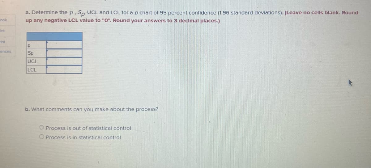 ook
int
-int
rences
a. Determine the p, Sp, UCL and LCL for a p-chart of 95 percent confidence (1.96 standard deviations). (Leave no cells blank. Round
up any negative LCL value to "0". Round your answers to 3 decimal places.)
P
Sp
UCL
LCL
b. What comments can you make about the process?
O Process is out of statistical control
O Process is in statistical control