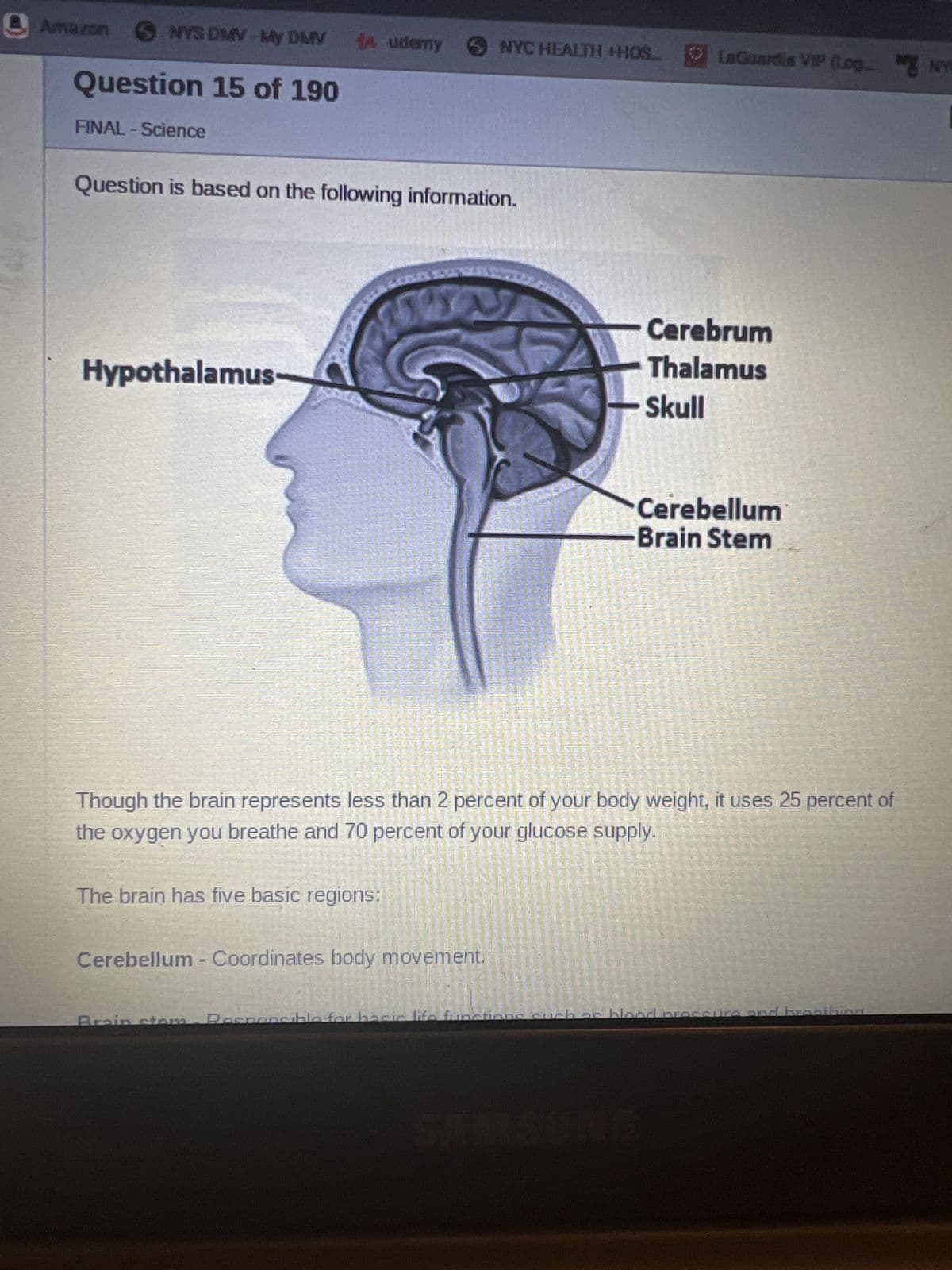Amazon NYS DMV-My DMV ta udemy
Question 15 of 190
FINAL - Science
Question is based on the following information.
Hypothalamus-
The brain has five basic regions:
A
NYC HEALTH +HOS...
Cerebellum - Coordinates body movement.
Responsible for haric
Though the brain represents less than 2 percent of your body weight, it uses 25 percent of
the oxygen you breathe and 70 percent of your glucose supply.
LaGuardia VIP (Log. NY
uel
Cerebrum
Thalamus
Skull
Cerebellum
Brain Stem
e and bro
bing