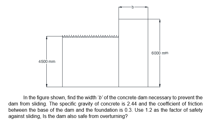 6000 mm
4500 mm
In the figure shown, find the width 'b’ of the concrete dam necessary to prevent the
dam from sliding. The specific gravity of concrete is 2.44 and the coefficient of friction
between the base of the dam and the foundation is 0.3. Use 1.2 as the factor of safety
against sliding, Is the dam also safe from overturning?
