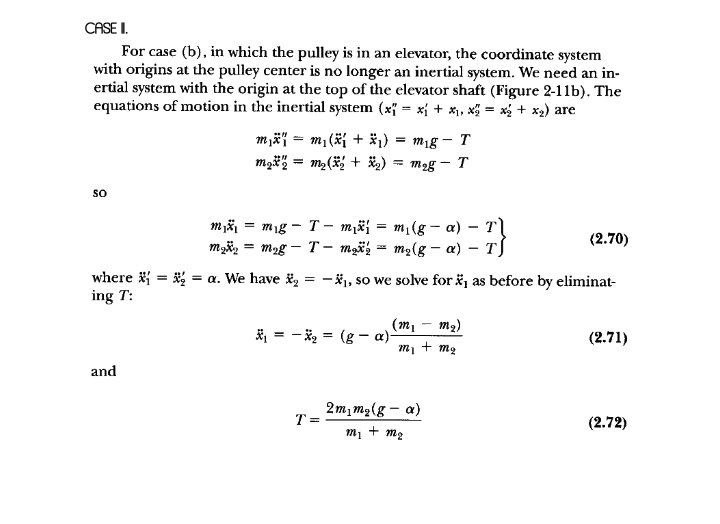 CASE I.
For case (b), in which the pulley is in an elevator, the coordinate system
with origins at the pulley center is no longer an inertial system. We need an in-
ertial system with the origin at the top of the elevator shaft (Figure 2-11b). The
equations of motion in the inertial system (x = xi + x, xg = x + x2) are
mä¡ = m, (* + #1)
%3D
mig - T
M2g - T
so
mig - T- mží = m1(g – a) – T
ma = mag – T- mgäž = m2(g – æ) – TJ
(2.70)
where * = = a. We have ä,
ing T:
- #1, so we solve for ä, as before by eliminat-
(m,
* = - * = (g – a)-
m2)
(2.71)
m, + mg
and
2m, my(g – a)
T =
(2.72)
m1 + m2
