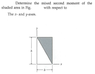 Determine the mixed second moment of the
shaded area in Fig.
The x- and y-axes.
with respect to

