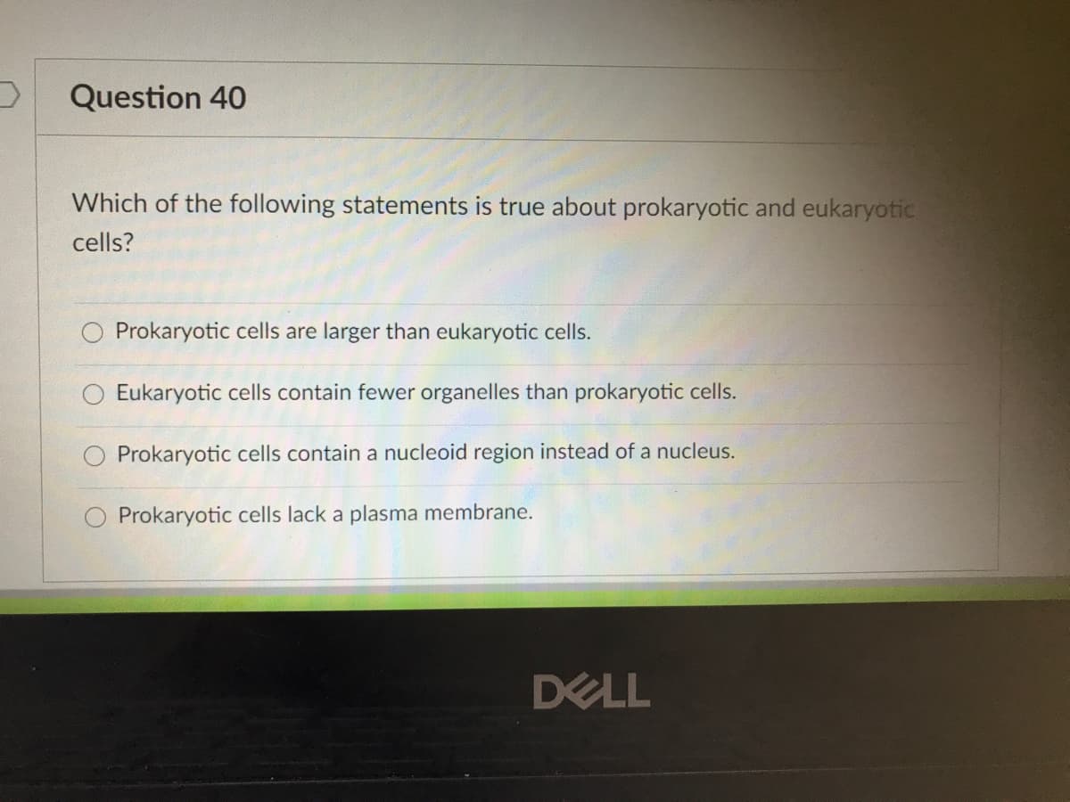 Question 40
Which of the following statements is true about prokaryotic and eukaryotic
cells?
Prokaryotic cells are larger than eukaryotic cells.
O Eukaryotic cells contain fewer organelles than prokaryotic cells.
Prokaryotic cells contain a nucleoid region instead of a nucleus.
Prokaryotic cells lack a plasma membrane.
DELL
