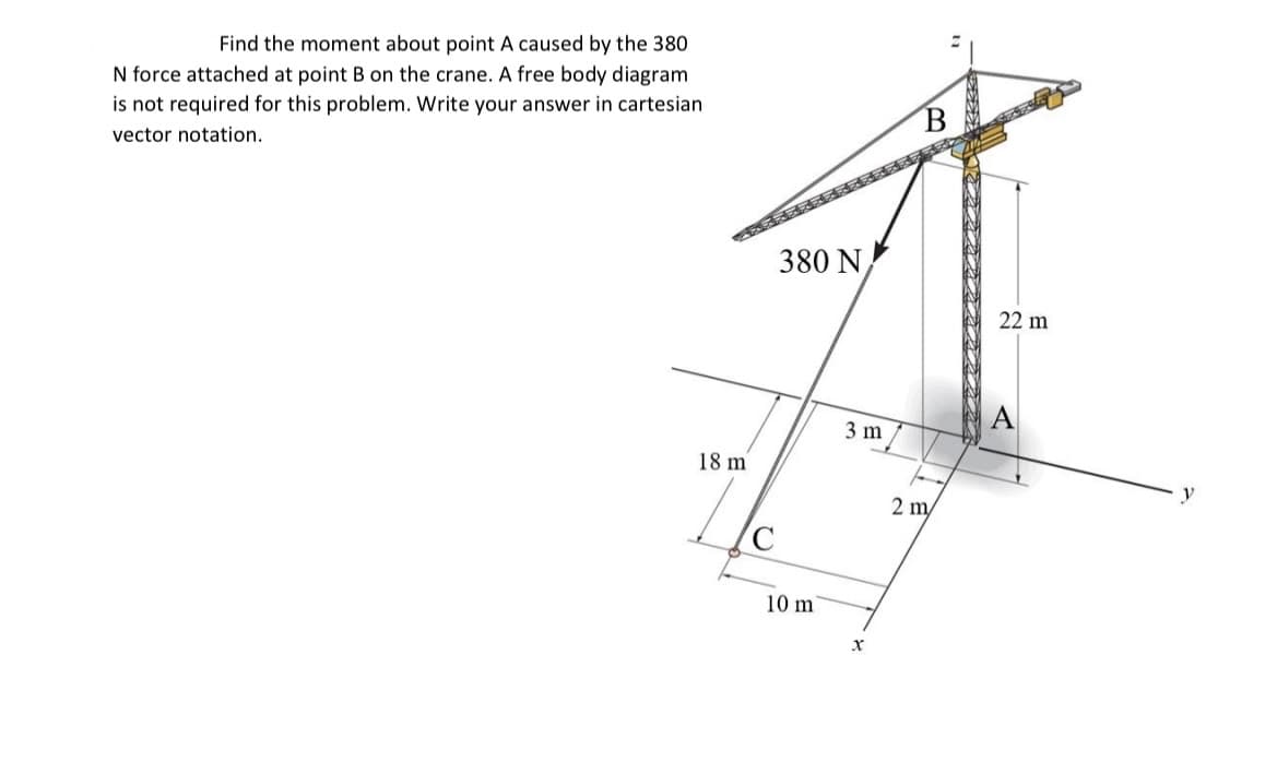 Find the moment about point A caused by the 380
N force attached at point B on the crane. free body diagram
is not required for this problem. Write your answer in cartesian
vector notation.
18 m
380 N
10 m
3 m
x
2 m/
22 m