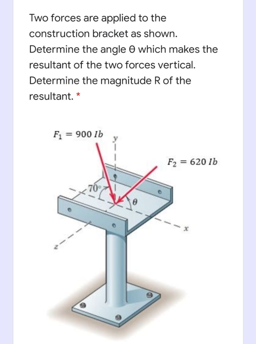 Two forces are applied to the
construction bracket as shown.
Determine the angle e which makes the
resultant of the two forces vertical.
Determine the magnitude R of the
resultant. *
F1 = 900 Ib
F2 = 620 Ib
70
