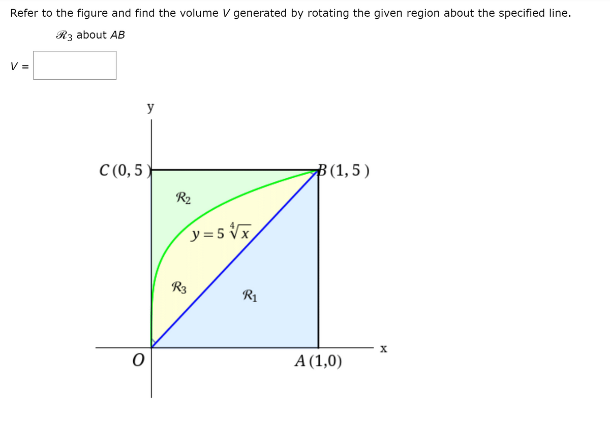 Refer to the figure and find the volume V generated by rotating the given region about the specified line.
R3 about AB
V =
y
C (0, 5 )}
B (1,5 )
R2
y =5 Vx
R3
R1
А (1,0)
