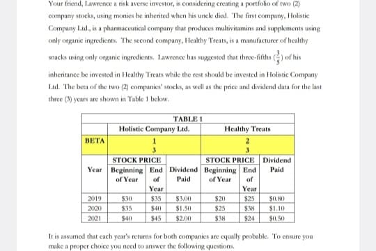 Your friend, Lawrence a risk averse investor, is considering creating a portfolio of two (2)
company stocks, using monies he inherited when his uncle died. The first company, Holistic
Company Ltd., is a pharmaceutical company that produces multivitamins and supplements using
only organic ingredients. The second company, Healthy Treats, is a manufacturer of healthy
snacks using only organic ingredients. Lawrence has suggested that three-fifths () of his
inheritance be invested in Healthy Treats while the rest should be invested in Holistic Company
Ltd. The beta of the two (2) companies' stocks, as well as the price and dividend data for the last
three (3) years are shown in Table 1 below.
Holistic Company Ltd.
TABLE 1
Healthy Treats
BETA
2
STOCK PRICE
Year Beginning End Dividend
STOCK PRICE Dividend
Beginning End Paid
of Year of
Paid
of Year of
Year
Year
2019
$30
$35
$3.00
$20
$25
$0.80
2020
$35
$40
$1.50
$25
$38
$1.10
2021
$40
$45
$2.00
$38
$24
$0.50
It is assumed that each year's returns for both companies are equally probable. To ensure you
make a proper choice you need to answer the following questions.