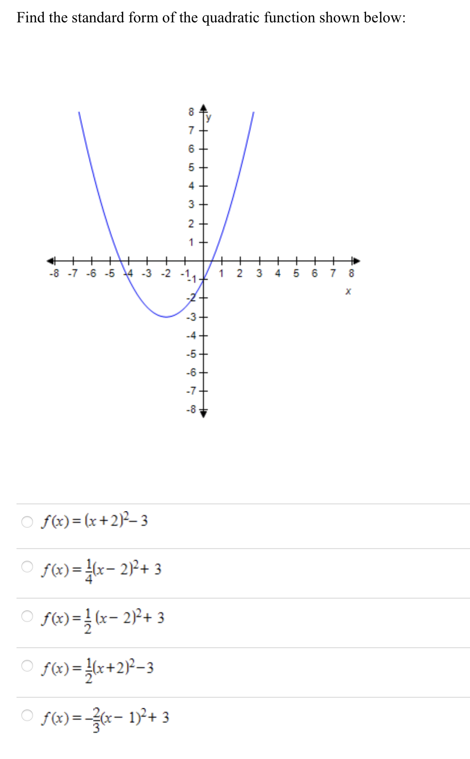 Find the standard form of the quadratic function shown below:
8
7 +
6 +
4 +
3
2 +
1 +
+
-8 -7 -6 -5 4 -3 -2 -1,.
1 2
3
4
6 7 8
-3+
-4+
-5+
-6+
-7
-8
O f(x)= (x+2)²–3
O f(x)= x- 2P+ 3
f(x) = } (x- 2)²+ 3
O f(«)=x- 1)2+ 3
+++ ++ +
