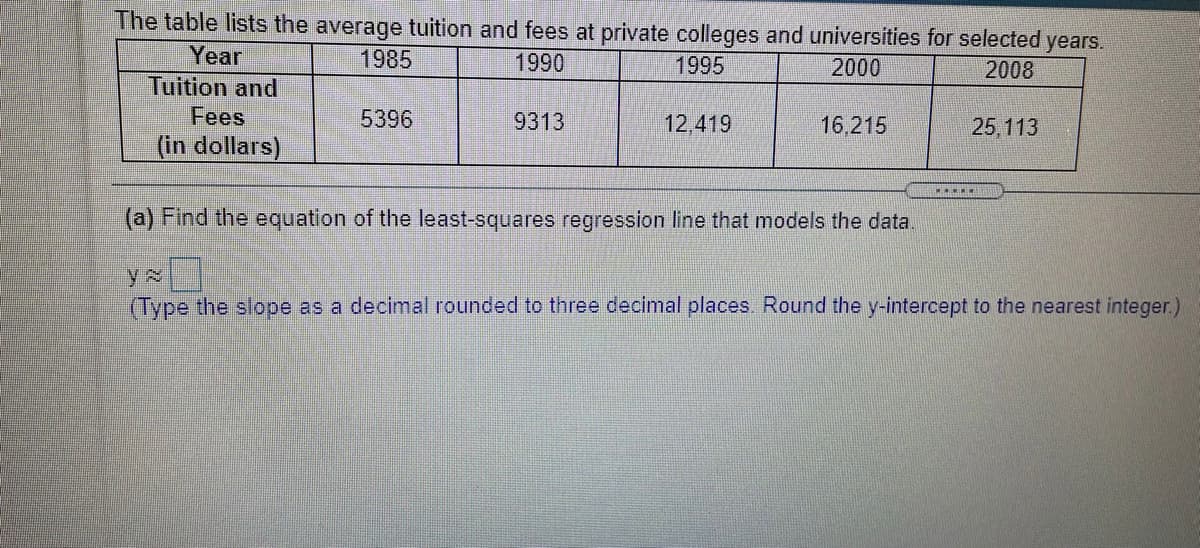 The table lists the average tuition and fees at private colleges and universities for selected years.
Year
1985
1990
1995
2000
2008
Tuition and
Fees
5396
9313
12,419
16,215
25,113
(in dollars)
(a) Find the equation of the least-squares regression line that models the data.
(Type the slope as a decimal rounded to three decimal places. Round the y-intercept to the nearest integer.)
