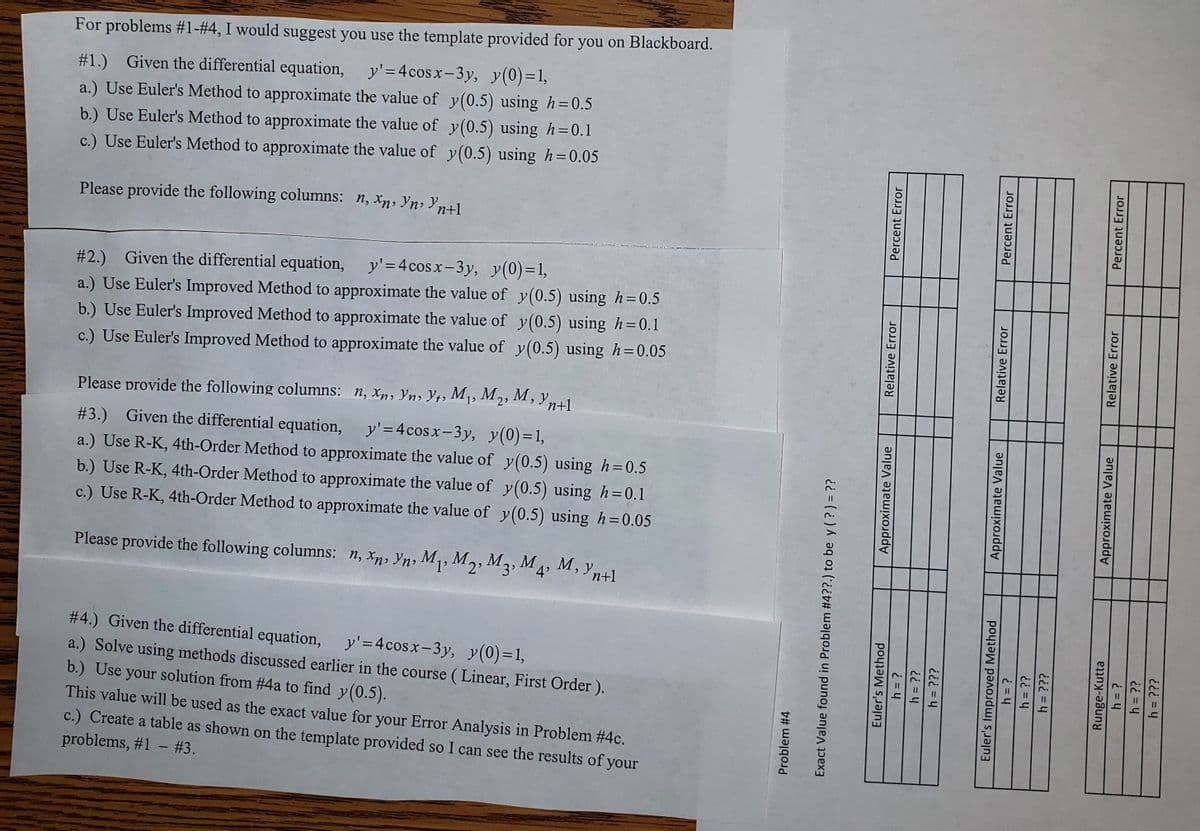 For problems #1-#4, I would suggest you use the template provided for you on Blackboard.
#1.) Given the differential equation, y'=4cosx-3y, y(0)=1,
a.) Use Euler's Method to approximate the value of y(0.5) using h=0.5
b.) Use Euler's Method to approximate the value of y(0.5) using h=0.1
c.) Use Euler's Method to approximate the value of y(0.5) using h=0.05
Please provide the following columns: n, Xp, Yn» Yn+1
# 2.)
Given the differential equation, y'=4cosx-3y, y(0)=1,
a.) Use Euler's Improved Method to approximate the value of y(0.5) using h=0.5
b.) Use Euler's Improved Method to approximate the value of y(0.5) using h=0.1
c.) Use Euler's Improved Method to approximate the value of y(0.5) using h=0.05
Please provide the following columns: n, xXn, Yn, Y1, M1, M2, M, yn41
6.
#3.) Given the differential equation,
y'=4cos x-3y, y(0)=1,
a.) Use R-K, 4th-Order Method to approximate the value of y(0.5) using h=0.5
b.) Use R-K, 4th-Order Method to approximate the value of y(0.5) using h=0.1
c.) Use R-K, 4th-Order Method to approximate the value of y(0.5) using h=0.05
Please provide the following columns: n, Xn, Yn, M1, M2, M3, M
М» М, Уп+1
4'
# 4.) Given the differential equation, y'=4cosx-3y, y(0)=1,
a.) Solve using methods discussed earlier in the course ( Linear, First Order).
b.) Use your solution from #4a to find y(0.5).
This value will be used as the exact value for your Error Analysis in Problem #4c.
c.) Create a table as shown on the template provided so I can see the results of your
problems, #1 – #3.
Problem #4
Exact Value found in Problem #4??.) to be y (?) = ??
Euler's Method
Approximate Value
Relative Error
Percent Error
h = ?
h = ??
h = ???
Euler's Improved Method
h = ?
Approximate Value
Relative Error
Percent Error
ii = 4
h = ???
Runge-Kutta
Approximate Value
Relative Error
Percent Error
ii = 4
