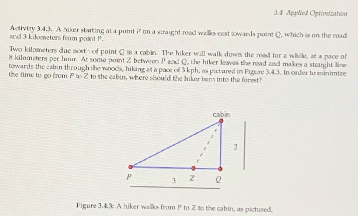 3.4 Applied Optimization
Activity 3.4.3. A hiker starting at a point P on a straight road walks east towards point Q, which is on the road
and 3 kilometers from point P.
Two kilometers due north of point Q is a cabin. The hiker will walk down the road for a while, at a pace of
8 kilometers per hour. At some point Z between P and Q, the hiker leaves the road and makes a straight line
towards the cabin through the woods, hiking at a pace of 3 kph, as pictured in Figure 3.4.3. In order to minimize
the time to go from P to Z to the cabin, where should the hiker turn into the forest?
cabin
Figure 3.4.3: A hiker walks from P to Z to the cabin, as pictured.
