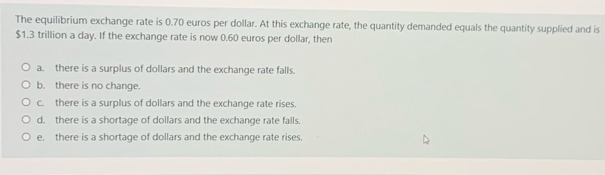 The equilibrium exchange rate is 0.70 euros per dollar. At this exchange rate, the quantity demanded equals the quantity supplied and is
$1.3 trillion a day. If the exchange rate is now 0.60 euros per dollar, then
O a. there is a surplus of dollars and the exchange rate falls.
O b. there is no change.
OC. there is a surplus of dollars and the exchange rate rises.
O d. there is a shortage of dollars and the exchange rate falls.
O e.
there is a shortage of dollars and the exchange rate rises.
