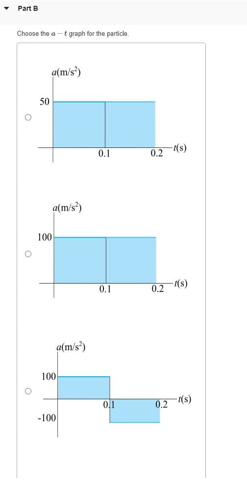 Part B
Choose the a -t graph for the particle.
a(m/s?)
50
0.1
0.2
-(s)
a(m/s*)
100
-t(s)
0.1
0.2
a(m/s*)
100
0,1
0.2
-100
