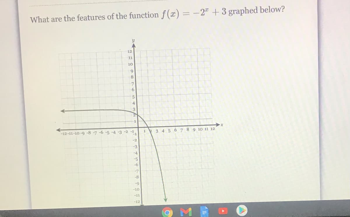 What are the features of the function f (a) = -2" +3 graphed below?
12
11
10
4
3
1 2 3 4 5 6 7 8 9 10 11 12
-12-11-10 -9 -8 -7 -6 -5 -4 -3 -2 -1
-2
-3
-4
-5
-6
-7
-8
-9
-10
-11
-12
