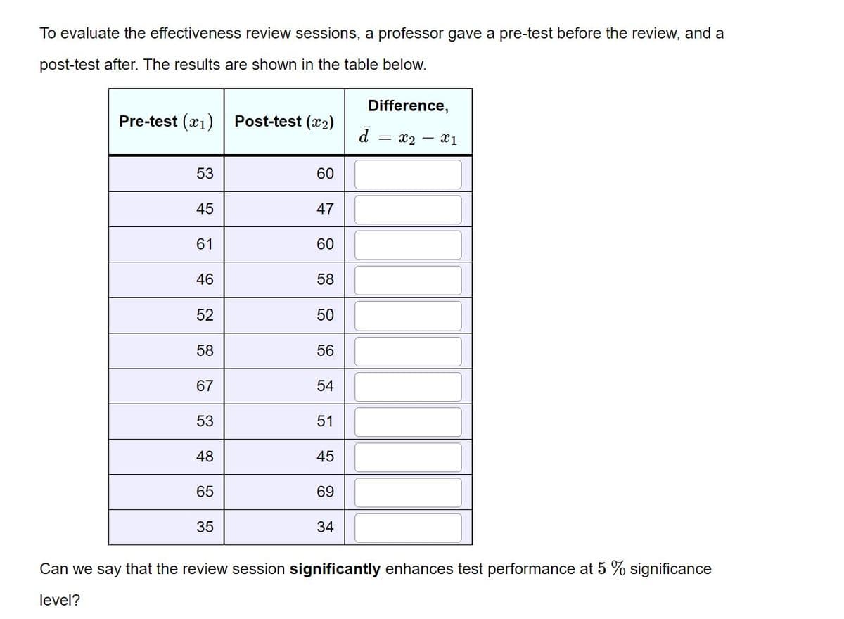 To evaluate the effectiveness review sessions, a professor gave a pre-test before the review, and a
post-test after. The results are shown in the table below.
Pre-test (₁) Post-test (₂)
53
45
61
46
52
58
67
53
48
65
35
60
47
60
58
50
56
54
51
45
69
34
Difference,
d
= X2 X1
Can we say that the review session significantly enhances test performance at 5 % significance
level?