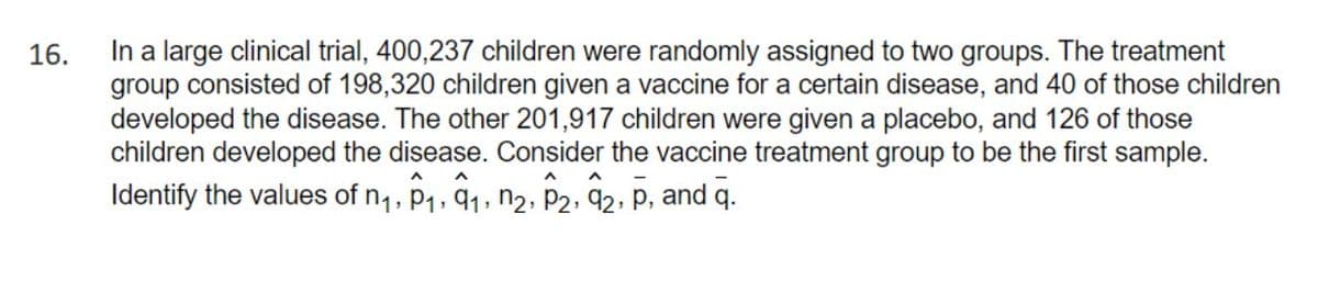16.
In a large clinical trial, 400,237 children were randomly assigned to two groups. The treatment
group consisted of 198,320 children given a vaccine for a certain disease, and 40 of those children
developed the disease. The other 201,917 children were given a placebo, and 126 of those
children developed the disease. Consider the vaccine treatment group to be the first sample.
A
Identify the values of n₁, P₁, 9₁, n₂, P₂, 92, P, and q.
1,