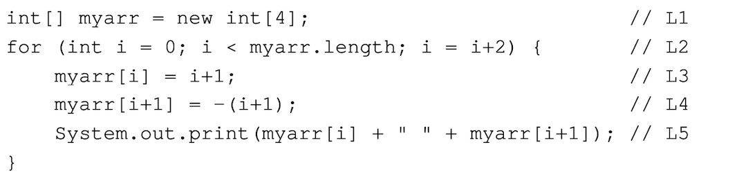 int[] myarr
new int [4];
for (int i = 0; i < myarr.length; i
i+l;
}
=
myarr[i]
myarr [i+1]
System.out.print (myarr[i] +
||
=
=
- (i+1);
11
// L1
// L2
// L3
// L4
+ myarr [i+1]); // L5
= i+2) {
