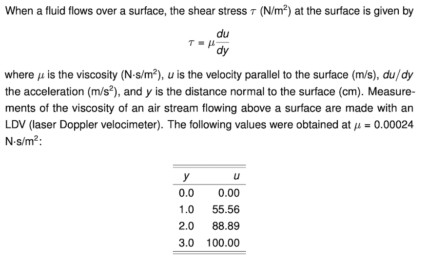 When a fluid flows over a surface, the shear stress T (N/m?) at the surface is given by
du
T = H-
dy
where u is the viscosity (N-s/m2), u is the velocity parallel to the surface (m/s), du/dy
the acceleration (m/s?), and y is the distance normal to the surface (cm). Measure-
ments of the viscosity of an air stream flowing above a surface are made with an
LDV (laser Doppler velocimeter). The following values were obtained at u = 0.00024
N-s/m?:
y
u
0.0
0.00
1.0
55.56
2.0
88.89
3.0
100.00
