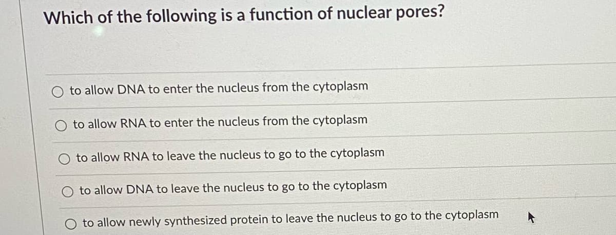 Which of the following is a function of nuclear pores?
to allow DNA to enter the nucleus from the cytoplasm
to allow RNA to enter the nucleus from the cytoplasm
to allow RNA to leave the nucleus to go to the cytoplasm
to allow DNA to leave the nucleus to go to the cytoplasm
O to allow newly synthesized protein to leave the nucleus to go to the cytoplasm
