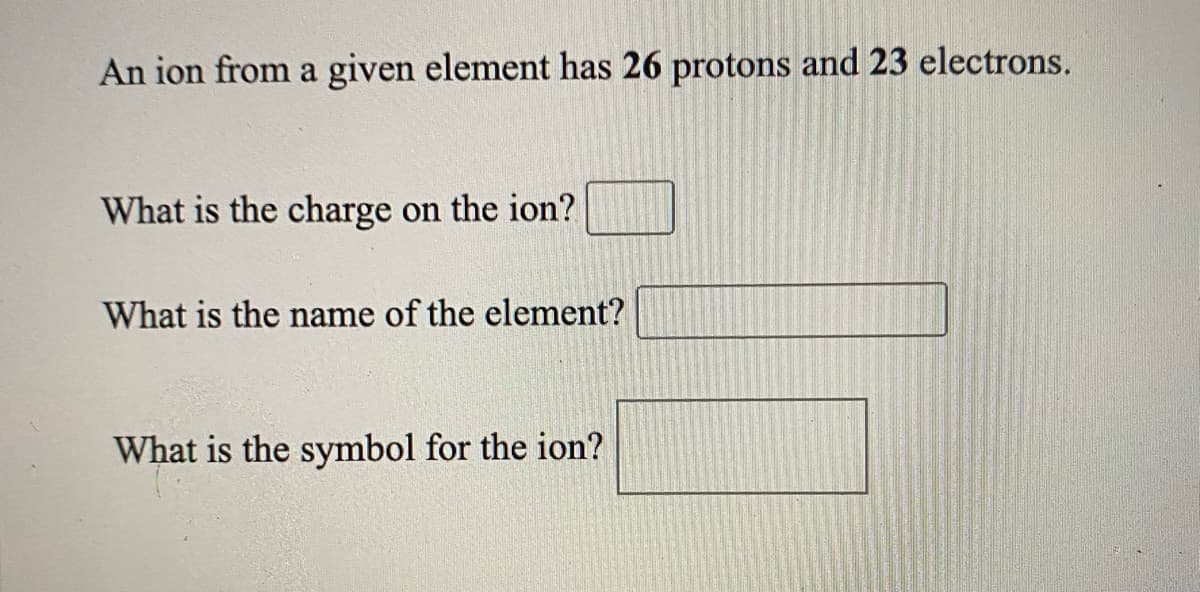 An ion from a given element has 26 protons and 23 electrons.
What is the charge on the ion?
What is the name of the element?
What is the symbol for the ion?
