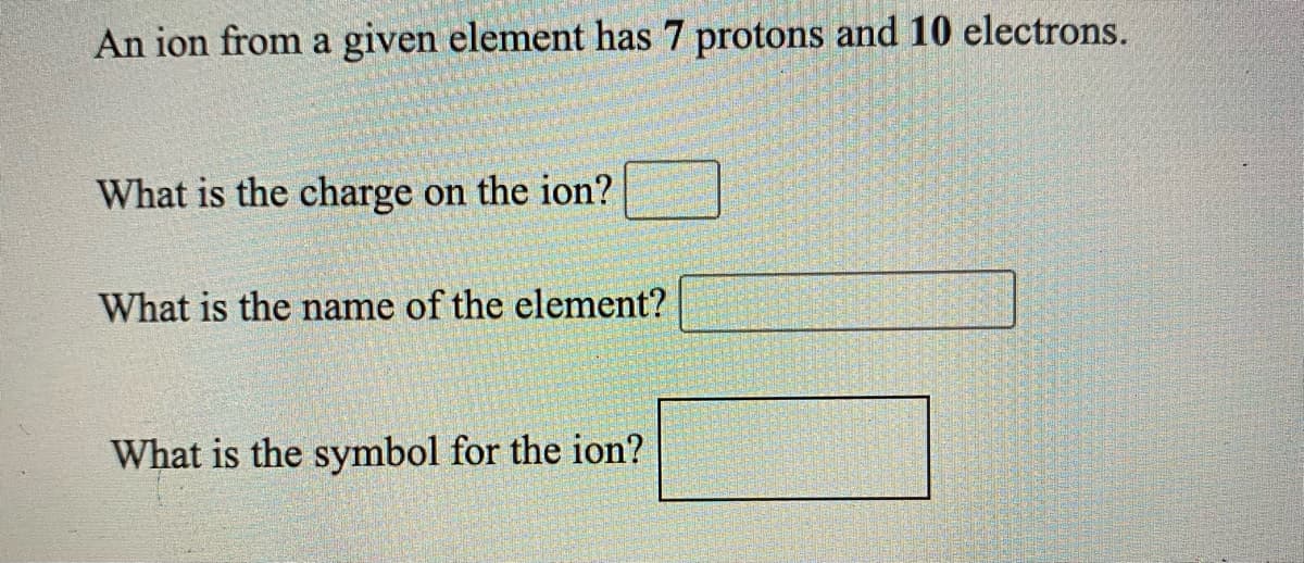 An ion from a given element has 7 protons and 10 electrons.
What is the charge on the ion?
What is the name of the element?
What is the symbol for the ion?

