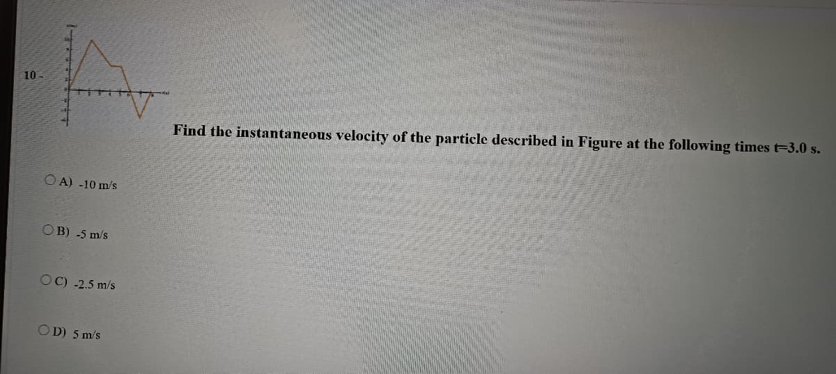10 -
Find the instantaneous velocity of the particle described in Figure at the following times t=3.0 s.
O A) -10 m/s
OB) -5 m/s
OC) -2.5 m/s
OD) 5 m/s
