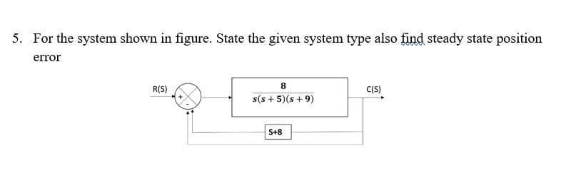 5. For the system shown in figure. State the given system type also find steady state position
error
8
R(S)
C(S)
s(s+5)(s +9)
S+8