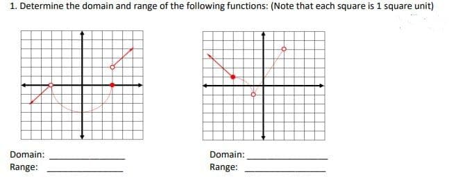 1. Determine the domain and range of the following functions: (Note that each square is 1 square unit)
Domain:
Range:
Domain:
Range: