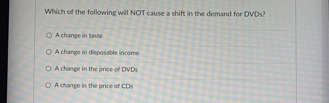 Which of the following will NOT cause a shift in the demand for DVDS?
O A change in taste
O A change in disposable income
O A change in the price of DVDS
O A change in the price of CDs
