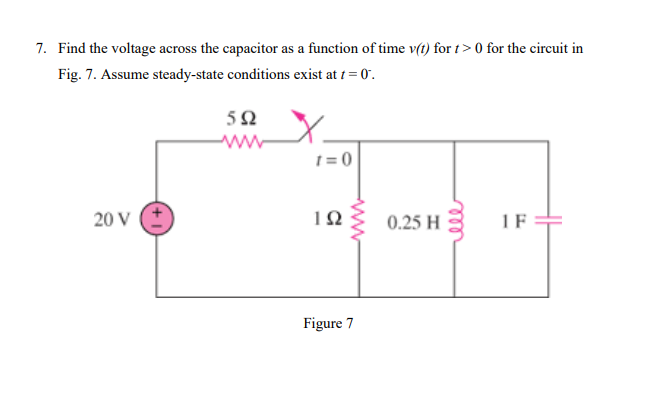 7. Find the voltage across the capacitor as a function of time v(t) for t> 0 for the circuit in
Fig. 7. Assume steady-state conditions exist at 1 = 0".
50 X-
www
1 = 0
20 V
0.25 H
IF
Figure 7
ele
