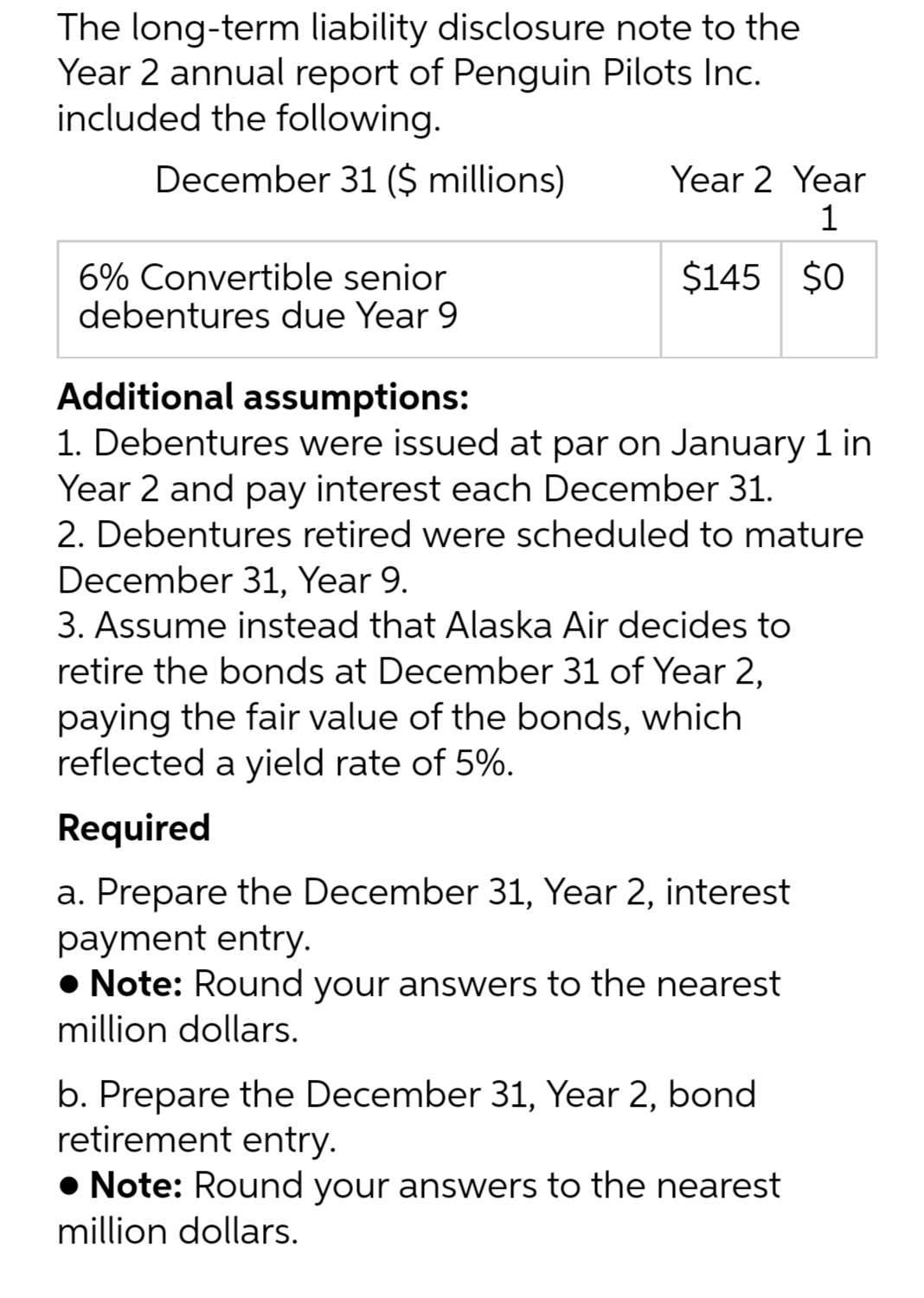 The long-term liability disclosure note to the
Year 2 annual report of Penguin Pilots Inc.
included the following.
December 31 ($ millions)
6% Convertible senior
debentures due Year 9
Year 2 Year
1
$145 $0
Additional assumptions:
1. Debentures were issued at par on January 1 in
Year 2 and pay interest each December 31.
2. Debentures retired were scheduled to mature
December 31, Year 9.
3. Assume instead that Alaska Air decides to
retire the bonds at December 31 of Year 2,
paying the fair value of the bonds, which
reflected a yield rate of 5%.
Required
a. Prepare the December 31, Year 2, interest
payment entry.
● Note: Round your answers to the nearest
million dollars.
b. Prepare the December 31, Year 2, bond
retirement entry.
● Note: Round your answers to the nearest
million dollars.