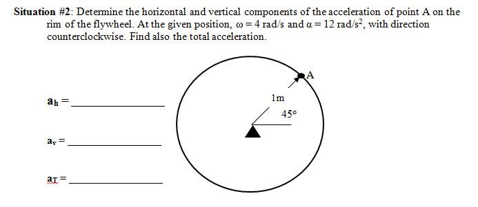 Situation #2: Determine the horizontal and vertical components of the acceleration of point A on the
rim of the flywheel. At the given position, o = 4 rad/s and a = 12 rad/s?, with direction
counterclockwise. Find also the total acceleration.
A
ah =
1m
45°
ay
=
aT =
