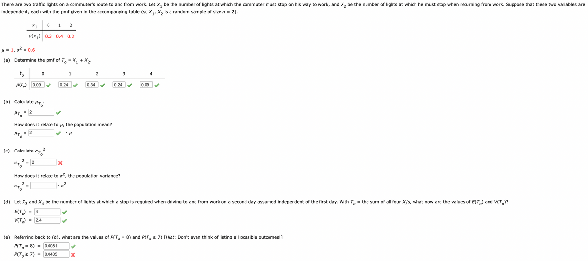 There are two traffic lights on a commuter's route to and from work. Let X, be the number of lights at which the commuter must stop on his way to work, and X, be the number of lights at which he must stop when returning from work. Suppose that these two variables are
independent, each with the pmf given in the accompanying table (so X,, X, is a random sample of size n = 2).
1
2
X1
p(x1) 0.3 0.4 0.3
u = 1, o? = 0.6
(a) Determine the pmf of
X1 + X2.
2
3
4
1
to
0.34
0.24
0.09
0.24
p(t,) ||0.09
(b) Calculate
= 2
PT.
How does it relate to u, the population mean?
= 2
PT.
2
(c) Calculate
OT
To
2
%3D
2
OTO
How does it relate to o, the population variance?
2
OTO
= the sum of all four X,'s, what now are the values of E(T) and V(T)?
(d) Let X, and X, be the number of lights at which a stop is required when driving to and from work on a second day assumed independent of the first day. With T.
E(T,)
4
V(T,)
2.4
(e) Referring back to (d), what are the values of P(T, = 8) and P(T, 2 7) [Hint: Don't even think of listing all possible outcomes!]
0.0081
P(T, = 8)
0.0405
P(T, > 7)
