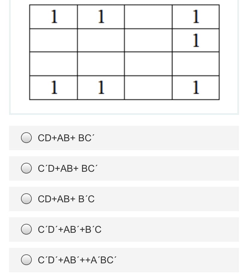 1 1
1
1
1
1
1
CD+AB+ BC'
O C'D+AB+ BC'
O CD+AB+ B'C
C'D'+AB'+B'C
O C'D'+AB´++A´BC´
