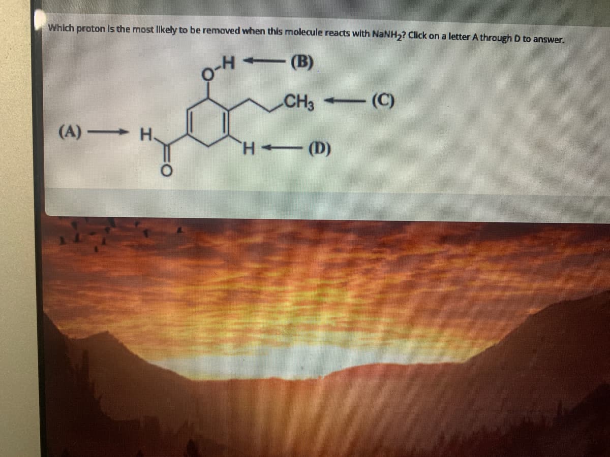 Which proton Is the most Ilkely to be removed when this molecule reacts with NaNH-? Click on a letter A through D to answer.
- (B)
CH3
(C)
(A) H
H (D)
