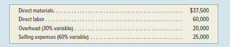 Direct materials..
Direct labor.....
Overhead (30% variable) ....
$37,500
60,000
20,000
Selling expenses (60% variable) .
25,000
