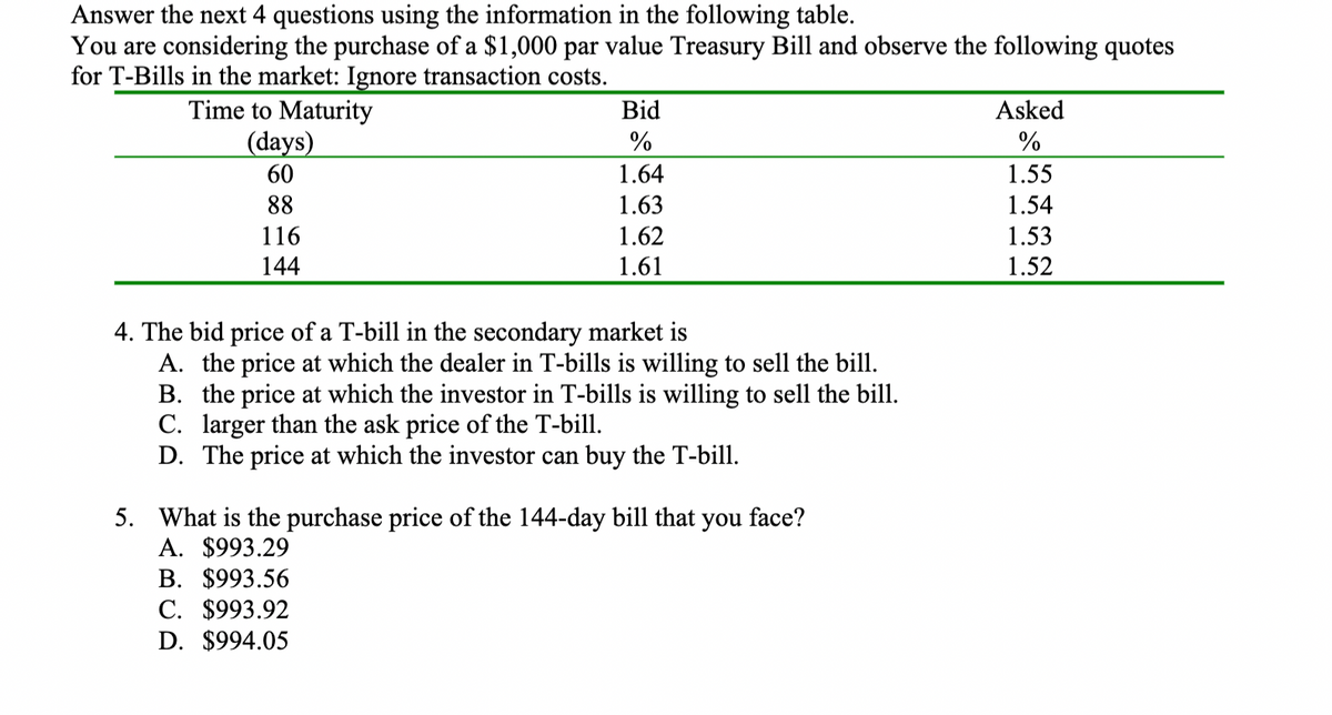 Answer the next 4 questions using the information in the following table.
You are considering the purchase of a $1,000 par value Treasury Bill and observe the following quotes
for T-Bills in the market: Ignore transaction costs.
Time to Maturity
(days)
Bid
Asked
%
%
60
1.64
1.55
88
1.63
1.54
116
1.62
1.53
144
1.61
1.52
4. The bid price of a T-bill in the secondary market is
A. the price at which the dealer in T-bills is willing to sell the bill.
B. the price at which the investor in T-bills is willing to sell the bill.
C. larger than the ask price of the T-bill.
D. The price at which the investor can buy the T-bill.
5. What is the purchase price of the 144-day bill that you face?
А. $993.29
B. $993.56
С. $993.92
D. $994.05
