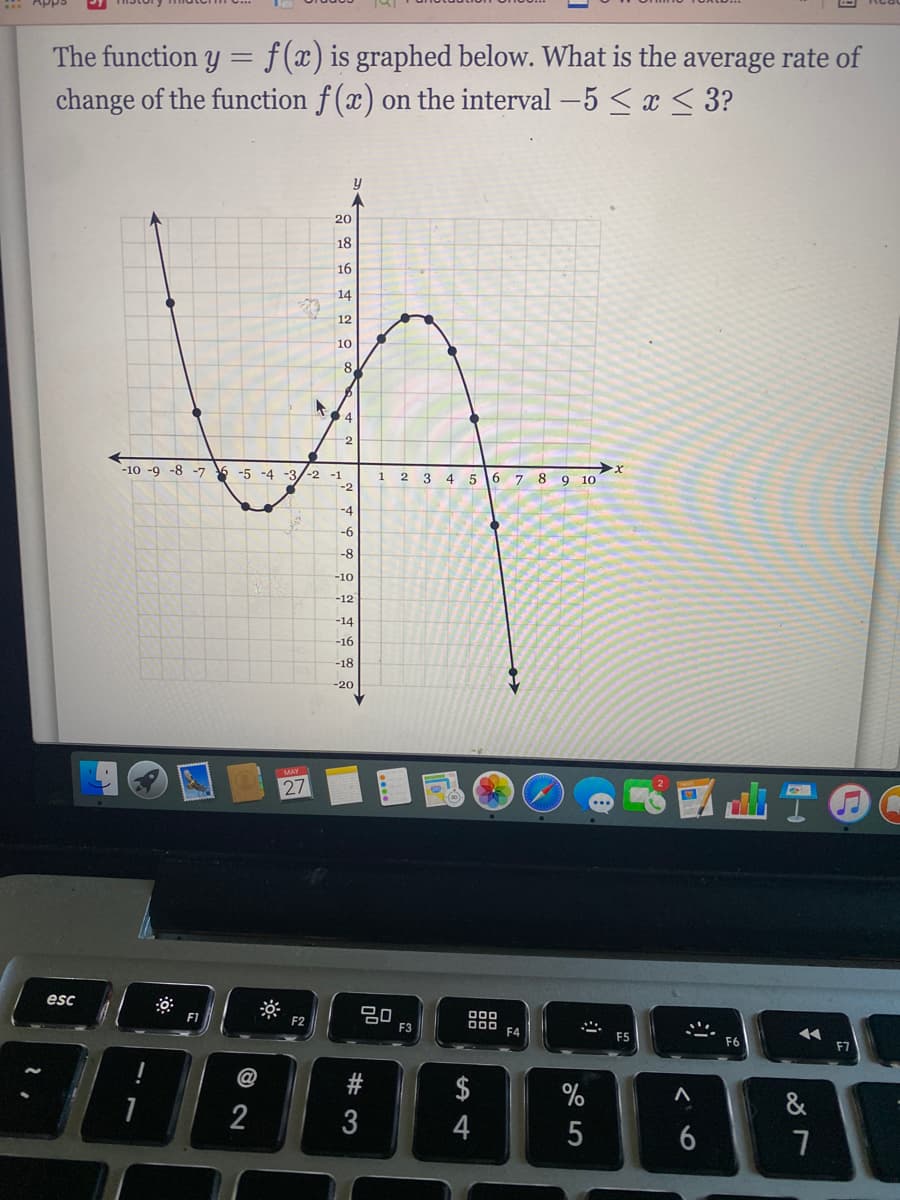 The function y = f(x) is graphed below. What is the average rate of
change of the function f (x) on the interval -5 < æ < 3?
20
18
16
14
12
10
8
-2
-10 -9 -8 -7 -5 -4
-3/-2 -1
-2
6 7 8 9 10
3 4
-4
-6
-8
-10
-12
-14
-16
-18
-20
MAY 1
27
山T 00
esc
000
F2
F3
000
F4
F5
F7
$
%
&
4
# 3
