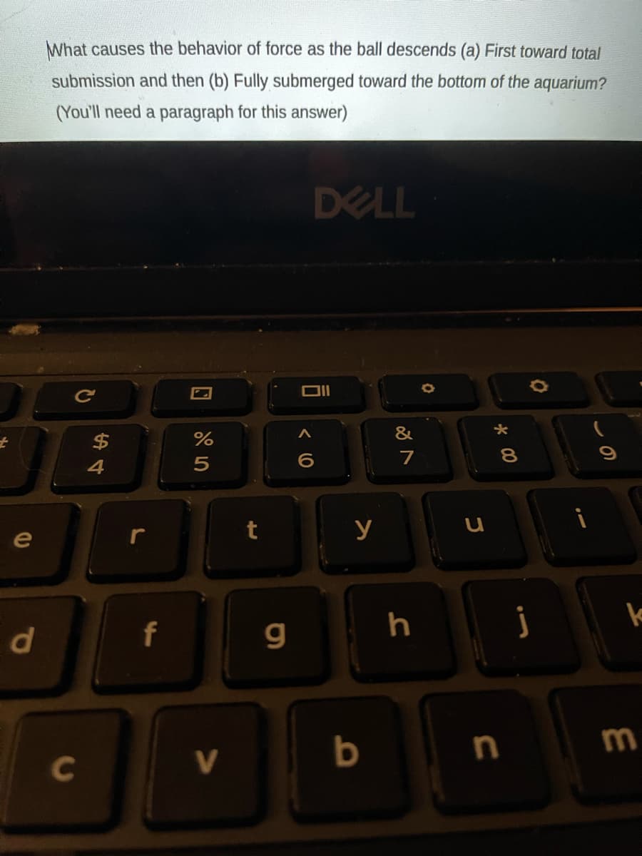 What causes the behavior of force as the ball descends (a) First toward total
submission and then (b) Fully submerged toward the bottom of the aquarium?
(You'll need a paragraph for this answer)
DELL
Cc
&
$
8.
r
y
e
f
g
b
C
