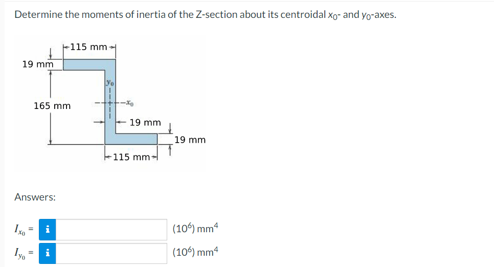 Determine the moments of inertia of the Z-section about its centroidal xo- and yo-axes.
19 mm
Answers:
Ix
Iyo
=
=
165 mm
i
+115 mm
i
-xo
19 mm
115 mm-
19 mm
(106) mm²
(106) mm4