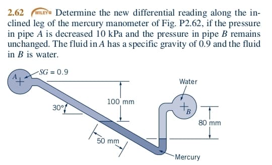 2.62 (WILEYa Determine the new differential reading along the in-
clined leg of the mercury manometer of Fig. P2.62, if the pressure
in pipe A is decreased 10 kPa and the pressure in pipe B remains
unchanged. The fluid in A has a specific gravity of 0.9 and the fluid
in B is water.
-SG = 0.9
Water
100 mm
30°f
80 mm
50 mm
Mercury

