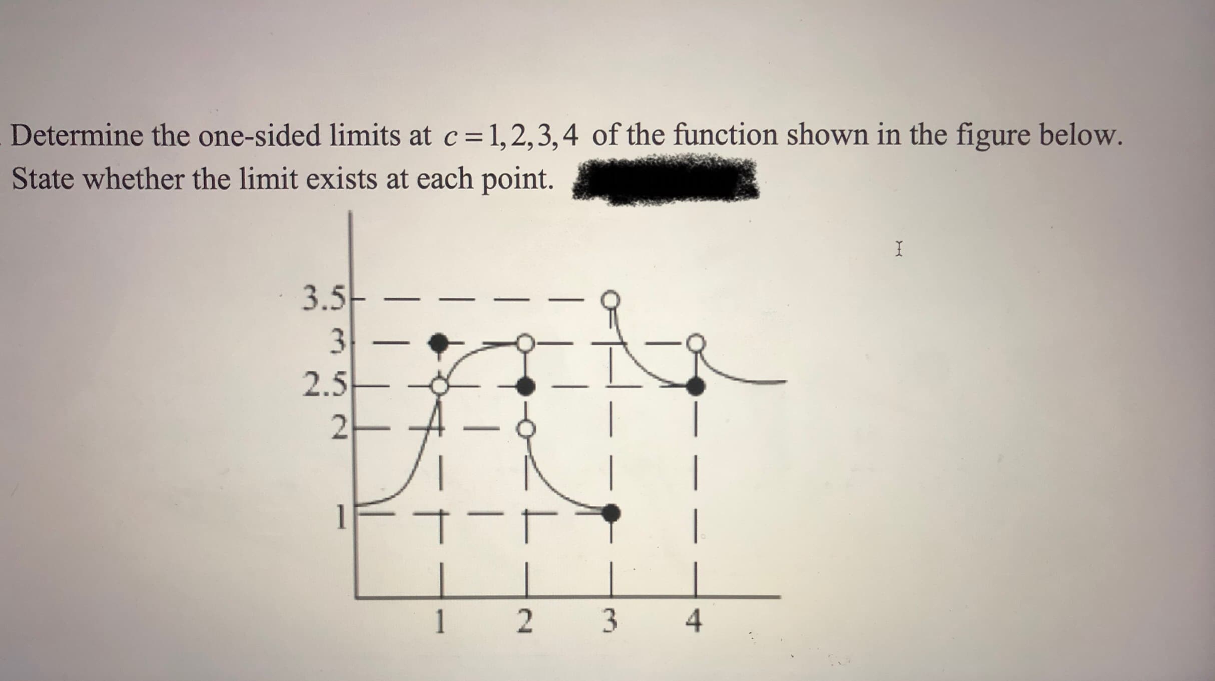 Determine the one-sided limits at c=1,2,3,4 of the function shown in the figure below.
State whether the limit exists at each point.
3.5-
3
2.5-
4
3.
2.
2.
%3D
