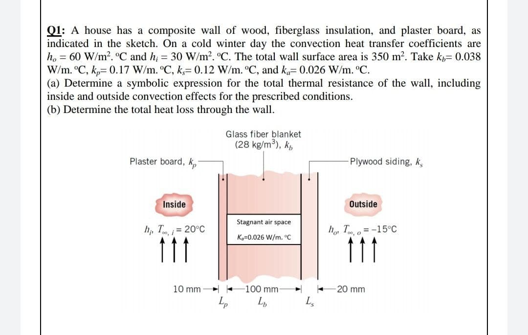 Q1: A house has a composite wall of wood, fiberglass insulation, and plaster board, as
indicated in the sketch. On a cold winter day the convection heat transfer coefficients are
h. = 60 W/m2. °C and h = 30 W/m2. °C. The total wall surface area is 350 m². Take k,= 0.038
W/m. °C, k,= 0.17 W/m. °C, k,= 0.12 W/m. °C, and k.= 0.026 W/m. °C.
(a) Determine a symbolic expression for the total thermal resistance of the wall, including
inside and outside convection effects for the prescribed conditions.
(b) Determine the total heat loss through the wall.
Glass fiber blanket
(28 kg/m³), k,
Plaster board, k,
Plywood siding, k,
Inside
Outside
Stagnant air space
h, T= 20°C
h, T. o = -15°c
11
11
Ka=0.026 W/m. C
10 mm -
100 mm
20 mm
L,
