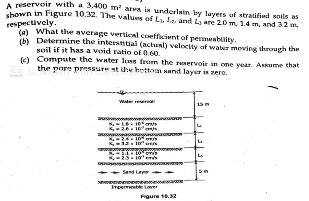 A reservoir with a 3,400 m² area is underlain by layers of stratified soils as
chown in Figure 10.32. The values of L1, L2, and L3 are 2.0 m, 1.4 m, and 3.2 m,
respectively.
(a) What the average vertical coefficient of permeability.
(b) Determine the interstitial (actual) velocity of water moving through the
soil if it has a void ratio of 0.60.
(c) Compute the water loss from the reservoir in one year. Assume that
Cs s the pore pressure at ihe bettom sand layer is zero.
Water reservoir
15 m
K.- 1.8 x 10* cm/s
Ky = 2.6 x 1o" cm/s
K. - 2.4 x 10 cm/s
K, - 3.2 x 107 cm/s
L2
K.- 1.1 x 10 cm/s
Ky - 2.3 x 10" cm/s
Sand Layer >
5 m
Impermeable Layer
Figure 10.32
