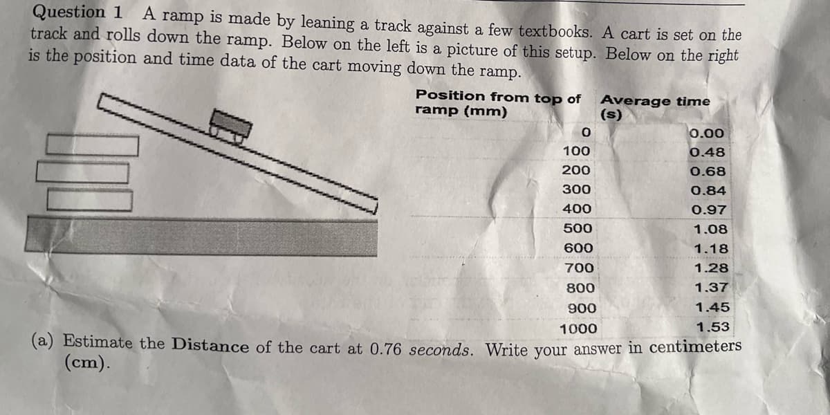 Question 1
track and rolls down the ramp. Below on the left is a picture of this setup. Below on the right
is the position and time data of the cart moving down the ramp.
A ramp is made by leaning a track against a few textbooks. A cart is set on the
Position from top of
ramp (mm)
Average time
(s)
0.00
100
0.48
200
0.68
300
0.84
400
0.97
500
1.08
600
1.18
700
1.28
800
1.37
900
1.45
1000
1.53
(a) Estimate the Distance of the cart at 0.76 seconds, Write your answer in centimeters
(cm).
