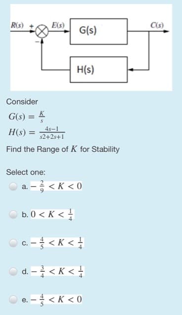R(s)
E(s)
C(s)
G(s)
H(s)
Consider
G(s) = K
4s-1
H(s) =
%3D
s2+2s+1
Find the Range of K for Stability
Select one:
a. – < K < 0
b. 0 < K < -
c. - < K < !
С.—
O d. - < K <
e. – < K < 0
