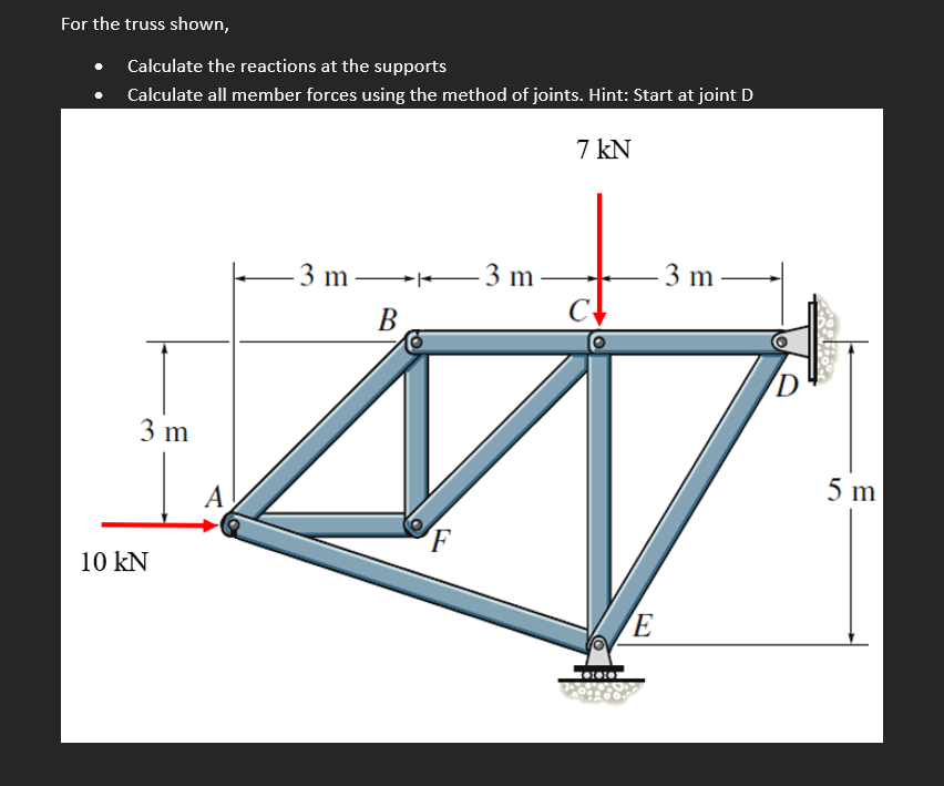 For the truss shown,
Calculate the reactions at the supports
Calculate all member forces using the method of joints. Hint: Start at joint D
7 kN
- 3 m -
- 3 m
3 m-
В
D
3 m
5 m
10 kN
