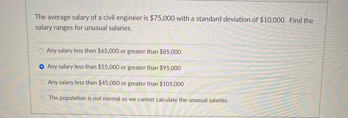 The average salary of a civil engineer is $75,000 with a standard deviation of $10,000. Find the
salary ranges for unusual salaries.
Any salary less than $65,000 or greater than $85,000
O Any salary less than $55,000 or greater than $95,000
O Any salary less than $45,000 or greater than $105,000
The population is not normal so we cannot calculate the unusual salaries.
