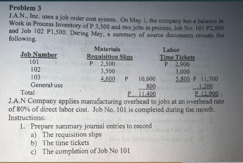 Problem 3
J.A.N., Inc. uses a job order cost system. On May 1, the company has a balance in
Work in Process Inventory of P 3,500 and two jobs in process, Job No. 101 P2,000
and Job 102 P1,500. During May, a summary of source documents reveals the
following.
Materials
Labor
Job Number
101
Requisition Slips
P 2,500
3,500
4,600
Time Tickets
P 2,900
102
h3,000
103
5.800 P 11,700
1,200
P 12,900
J.A.N Company applies manufacturing overhead to jobs at an overhead rate
of 80% of direct labor cost. Job No. 101 is completed during the month.
10,600
800
P 11.400
Generah use
Total
Instructions:
1. Prepare summary journal entries to record
a) The requisition slips
b) The time tickets
c) The completion of Job No 101
